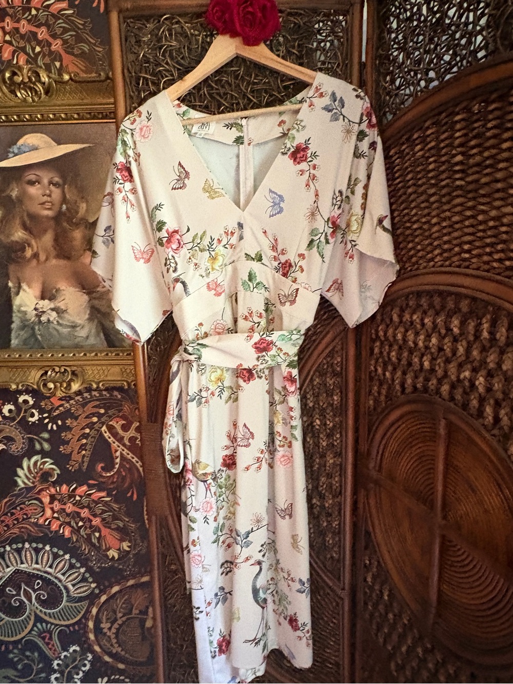 Anthropologie dRA Avian Kimono Midi Dress Size 14 Floral Bird Butterfly Belted - Picture 4 of 8